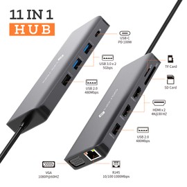NOVOO USB C Hub with Dual HDMI 4K, Docking Station USB C 11-in-1 with RJ45 Gigabit Ethernet, 2 USB 3.0, 2 USB 2.0, VGA, Type C 100W PD, SD/TF Card Adapter for MacBook Pro/Air, Dell, Lenovo