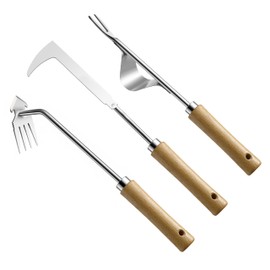 CZZXI 3pc Hand Weeder Tool Set - L-Shaped Crack Weeder, V-Shaped Gardenia Uprooter Tool & 4-Claw Weed Hoes - Stainless Steel & Beech for Deep Roots, Cracks, Lawns, Garden