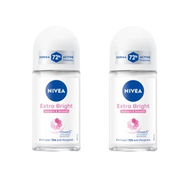 NIVEA Extra Bright 8 Super Food Vitamin C Collagen Booster Underarm Roll-On Deodorant, Alcohol-Free, 72HR Odor Protection, Smooth & Bright Skin, 50ml, 1.69oz, Pack of 2