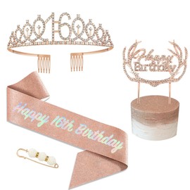 POPOYU 16th Birthday Tiara and Sash,Rose Gold 16th Birthday Crown,Birthday Princess Sash,Sweet 16 Birthday& Sash for for Her Girls Birthdays Accessories Gifts Party Costume Decoration