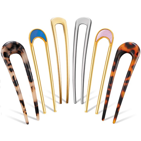 6 Pieces U-shaped Hairpin French Style Hair Clip Tortoise Shell Hair Pin Metal Hairpin Fork Sticks 2 Prongs Updo Chignon Pens for Women Hair Styling Accessories
