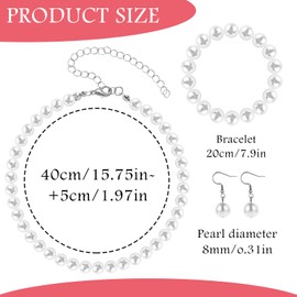 HekouJiub Pearl Jewellery Set Women's White Pearls Wedding Bridal Jewellery Faux Pearl Necklace Bracelet Earrings Jewellery Set Bridal Wedding Jewellery Bridesmaid Prom Fashion Jewellery for Women