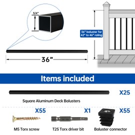 Muzata 50Pack 36" Aluminum Deck Railing Balusters Square Black Stair Porch Staircase Spindles 3/4" Diameter Hollow for Wood and Composite Deck, WT13