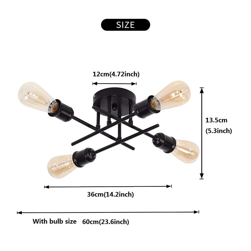 Qcyuui Industrial Semi Flush Mount Ceiling Light 4-Light Rustic Black