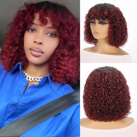 Red Curly Bob Wig Human Hair With Bangs for black women Glueless Bob Wig Human Hair short curly wig human hair with bangs Bob Wig with Bangs Human Hair 1B/99J