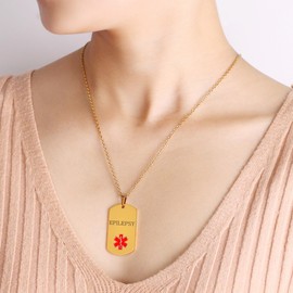 JunyiDIY Epilepsy Gold-Plated Medical ID Necklace for Son Daughter, Adjustable Quick Rescue Pendant,Emergency Immediate Aid Health Alert Jewelry