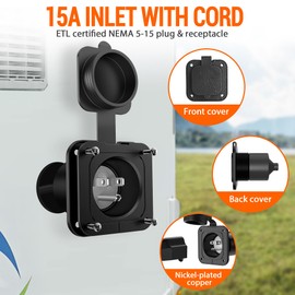 MNJ Motor 15 Amp AC Port Plug, 125V Power Inlet for NEMA 5-15 Plug RV Shore Male Receptacle with Waterproof Cover 18'' Extension Cord for RV Truck Boat Generator