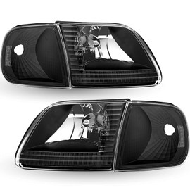 TUSDAR Headlight Assembly Compatible with 97-03 Ford F150 / 04 Ford Heritage / 97-02 Ford Expedition / 97-99 Ford F250 w/Corner Lights 4pcs, Black Housing with Clear Reflector