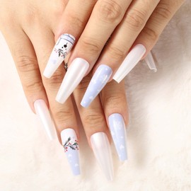 Acenail Extra Long Coffin Fake Nails Red Elk Glossy Press on Nail Snowflake Ballerina False Nails Acrylic Full Cover Nail Christmas Gift Nail Accessory for Women and Girls 30Pcs (Snowflake)