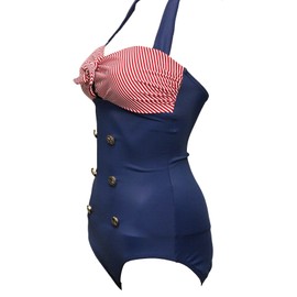Bslingerie® Ladies Retro Vintage Push Up Plus Size Monokini One Piece Swimwear (3XL, Red Navy Blue)