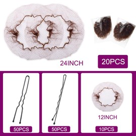 130PCS Hair Nets Set Invisible Elastic Hair Nets for Women U-Shaped Hair Pins for Ballerina Buns - 30pcs Brown Nets (12, 24 Inch) and 50 U-Hair Pins 50pcs Bobby Pins,2 Size Brown