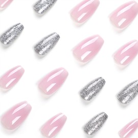 Press on Nails Short Coffin Fake Nails with Sliver Glitter Designs Pink White Gradient Acrylic Nails Glossy Glue on Nails Ballerina False Nails Artificial Stick on Nails for Women 24Pcs