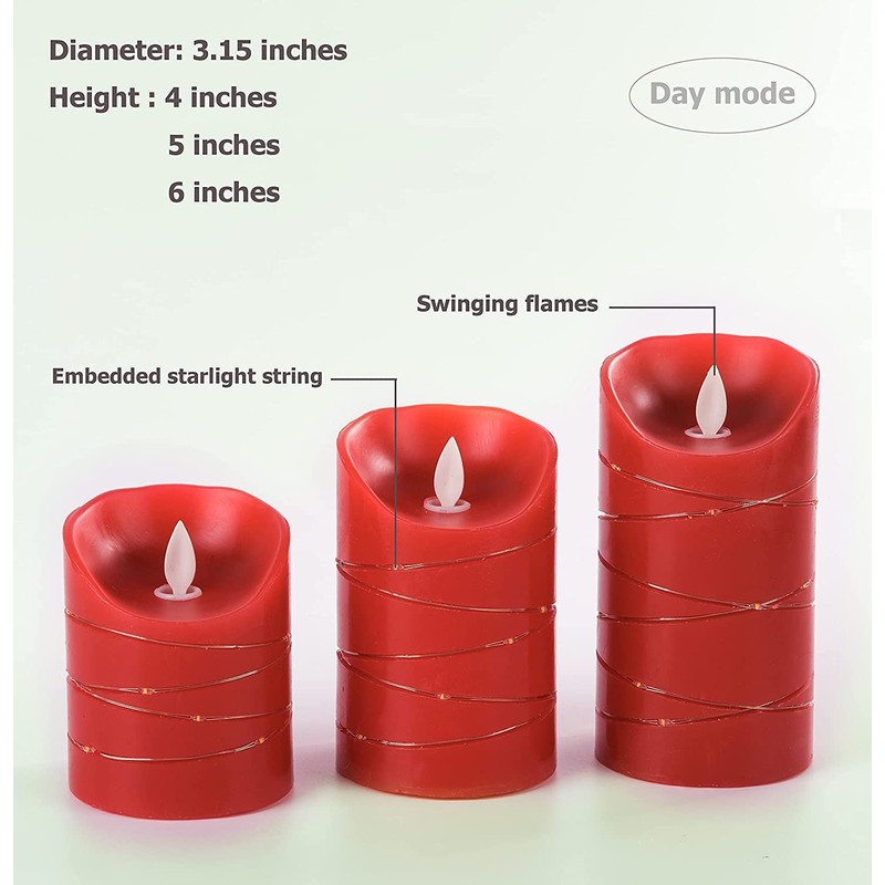 danip red LED flameless Candle with Embedded Star String, 3-Piece