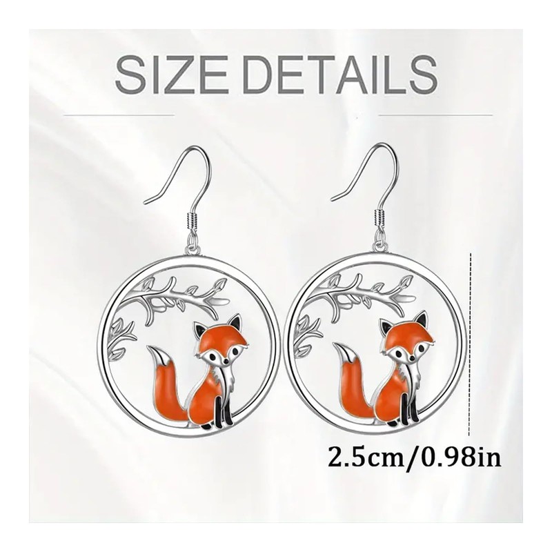 Fox Pendant Necklace and Earrings Set, Silver Tone with Orange