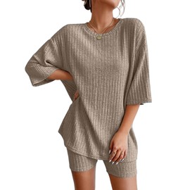 Ekouaer Pajamas 2 Piece Lounge Sets Ribbed Knit Matching Outfits T-shirt Biker Shorts Sleepwear Loungewear Sweatsuits Camel Medium
