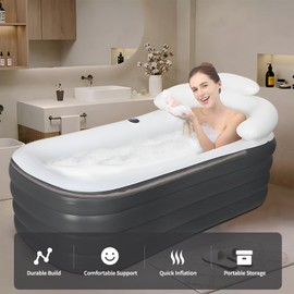 Crossing King Inflatable Bathtub, Portable Bathtub Adult with Electric Air Pump, Freestanding Foldable Spa Tub with Backrest Cup Holder for Indoor Outdoor, Easy to Inflate＆Drain (Gray)