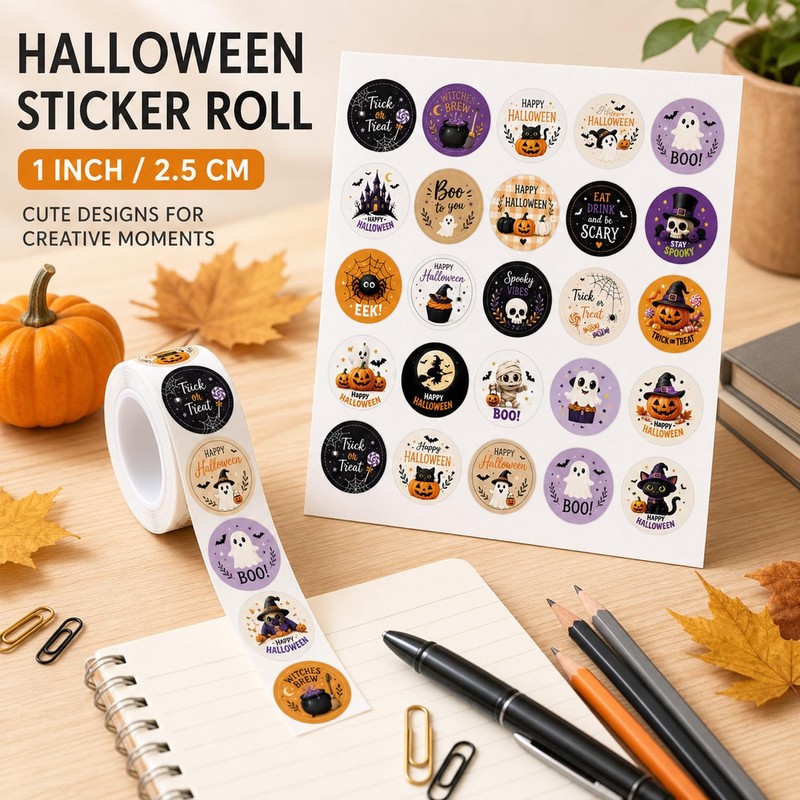 Halloween Stickers Roll 1000pcs, 2.5cm Round, 12 Spooky Patterns