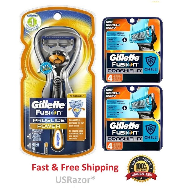9 Gillette Fusion Proglide Power Flexball Razor 8 Proshield Chill Blades Refills