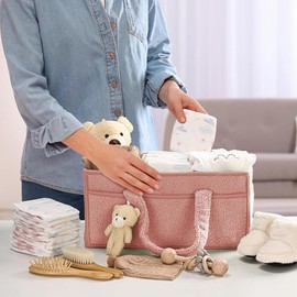 LXDHDS Organizador de pañales para cambiador, Cesta Peluchepara Almacenamiento Pañales, Cesto Almacenamiento Portátil Multifunción,organizador carrito de coche, organizador (Rosa)