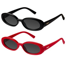mosanana Retro Oval Sunglasses for Women 90s Small Trendy Fashion Vintage Narrow Thin Cute Skinny Sun Glasses for Small Face Black and Red MS52360