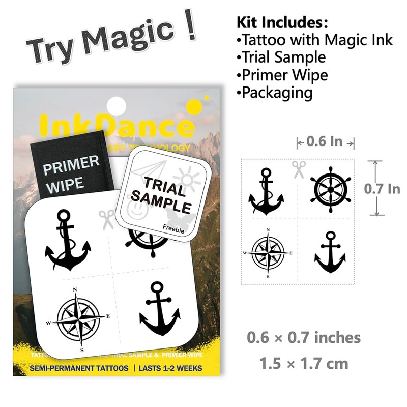 Semi-Permanent Tattoo, Tiny Anchor, Ship Wheel & Compass Rose, Long