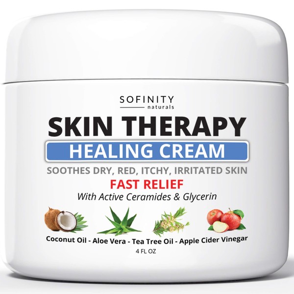 Skin Therapy Cream for Adults & Kids – Powerful Natural Formula with Tea Tree Oil, Coconut Oil, Aloe Vera, Shea Butter, Licorice, Apple Cider Vinegar, Bees Wax, Urea & Ceramides - Lotion by Sofinity