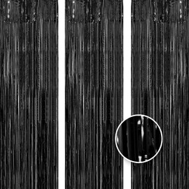 OWill 3pcs 3ft X 8.3ft Black Metallic Tinsel Curtains Aluminum Foil Flow Silk Curtain Background Streamer Birthday Party Wedding Holiday Backdrop Decoration