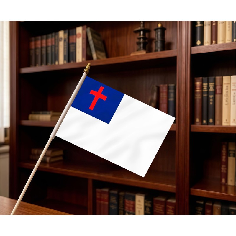 LUSEOAN 20 Pack Small Mini Christian Flag on Wooden Stick