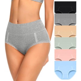 MISSWHO Womens Underwear Cotton High Rise Postpartum Stretch Full Coverage Panties, Woman Underware Soft Briefs Ladies 6 Pack, Large