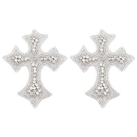 SUPERFINDINGS 2Pcs Beige Cross Appliques Patch Embroidery Iron on Sew on Clothing Patches 105x85x4.5mm Vintage Rhinestones Crucifixion Sewing DIY Badge Patches for Bag Dress Jacket Repairing