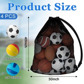 4Pcs Extra Large Sports Ball Bag, Heavy Duty Breathable Mesh Storage Bag Drawstring Ball Bag Adjustable Shoulder Strap 40" X 30" Hold 10-12 Basketball, Football, Volleyball for Team Swimming Gear Gym