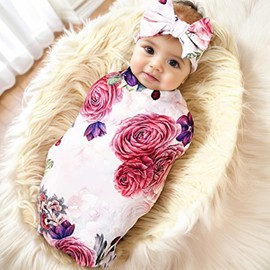 Galabloomer Newborn Receiving Blanket Headband Set Baby Flower Rose Swaddle with Big Bow (Nostalgia Rose)…