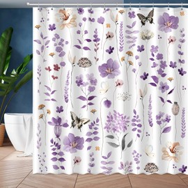 SHUNLCD Watercolor Floral Leaf Shower Curtain, Flower Botanical Leaves Bathroom Decor, Modern Minimalist Waterproof Fabric Bath Curtain Set with 12 Hooks 72x72 Inches (Purple, 72x72 Inches)