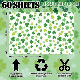 FYSUIMU 60 Sheets St. Patrick's Day Shamrock Tissue Paper Green Lucky Clover Gift Wrapping Paper for DIY Art Craft Irish Holiday Party Decor, 13.8 x 19.7 Inch