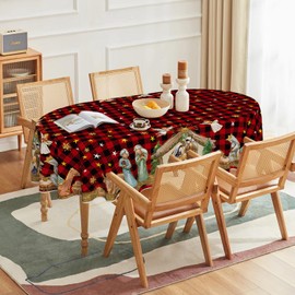 Horaldaily Christmas Tablecloth 60×84 Inch Oval, Holy Nativity Red Buffalo Plaid Washable Table Cover for Party Picnic Dinner Decor