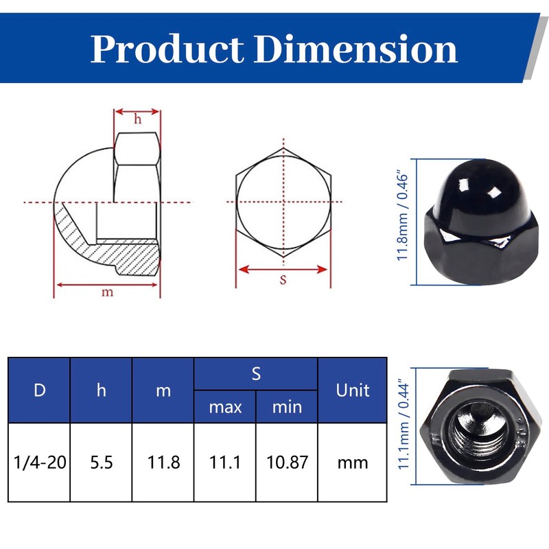 1/4"-20 Black Acorn Cap Nuts, 25Pcs Acorn Nuts, 304 Stainless