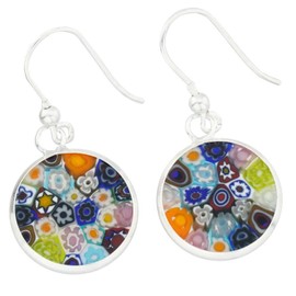 GlassOfVenice Murano Glass Millefiori Round Dangle Earrings - Silver Pastels Multicolor