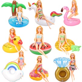 9 Pcs Pool Floaties Swim Accessories Set for Girl Dolls, Fun Swimming Pool Party Ring Inflatable Drink Holder for11.5 inch Dolls Pool Toys