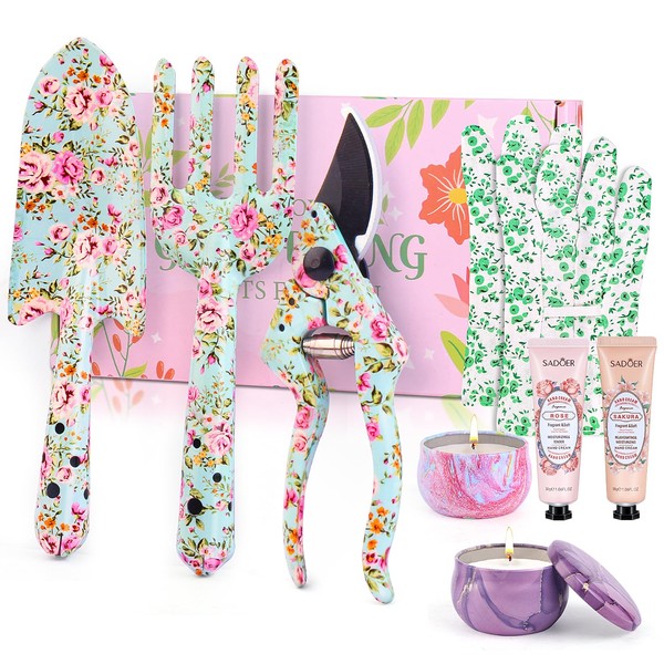 Gardening Gifts for Women, 8Pcs Garden Tools Set Including Hand Trowel, Fork, Scissors, 2 Hand Creams, 2 Candles and Gloves, Garden Birthday Gifts for Women Mum Gardener Lovers