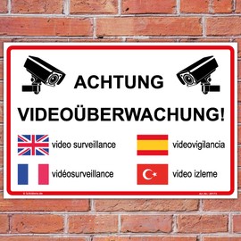 300 x 200 mm warning sign Video Surveillance – Safety Sign 5 Language, Stable Aluminium Composite Panel 3 mm Thick