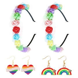 Pack of 2 Rainbow Flower Headbands with 2 Pairs of Rainbow Earrings, Floral Headdress, Fashion Accessories for Women, Pride Party Outfit, Rainbow Flower Headpiece