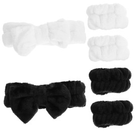 TOVINANNA Spa Headband and Wristband for Face Washing Makeup Application Bowtie Design Hairband Set Headbands Wristbands Black White for Skincare and Beauty Routines