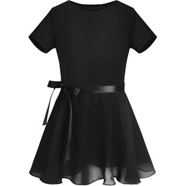 Girls Classic Short Sleeve Gymnastics Leotard With Ballet bodysuits (Black, XL（140cm）)