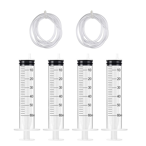 Pack of 4 Syringes, 60 ml, Plastic Syringe with Hose,