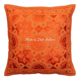 Stylo Culture Cotton Ethnic Sofa Cushion Cover Orange 40cm x 40cm Mirrored Couch Scatter Cushion Embroidered Home Decoration 16x16 inches Throw Pillow For Girls (1 Pc)