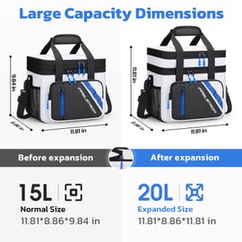 Maelstrom Lunch Box, 20L Insulated Lunch Bag for Men Women, Expandable Double Deck Leakproof Cooler Bag with 6 Pockets, Reusable Lunch Tote Bag for Work, Picnic, Travel, White