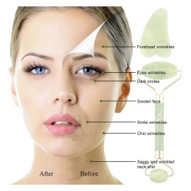 Set Masaje Facial 5 en 1 Jade Rodillo Gua Sha Antiedad