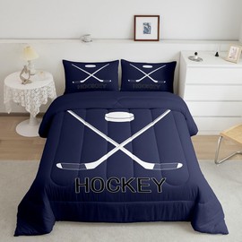 Erosebridal Ice Hockey Comforter Set Twin, Ball Sports Gaming Bedding Set Ice Hockey Gifts for Boys, Equipments Stick and Puck Quilt Winter Sports Games Duvet Insert with 1 Pillow Case, Dark Blue