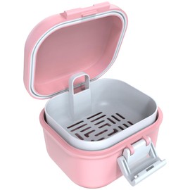 ARGOMAX Leak Proof Denture Bath Cup, Portable Soaking Denture Box, Denture Bath Case with Strainer, For Dentures and Braces (Pink + White).