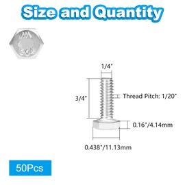 Yinpecly 50Pcs 1/4-20 x 3/4" Hex Bolts,1/4"-20 Hex Head Cap Screws Hexagon Bolts, 304 Stainless Steel, External Hex Drive, UNC Coarse Thread Fully Threaded